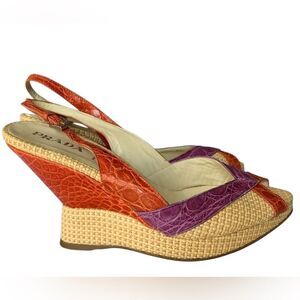 PRADA Slingback Rattan Leather Wedge Open Toe colorful Sandals Shoes sz 8.5-9
